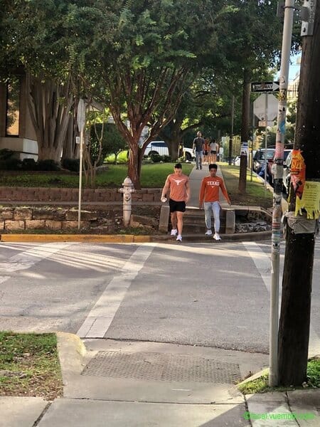 students walking on UT Austin west campus neighborhood